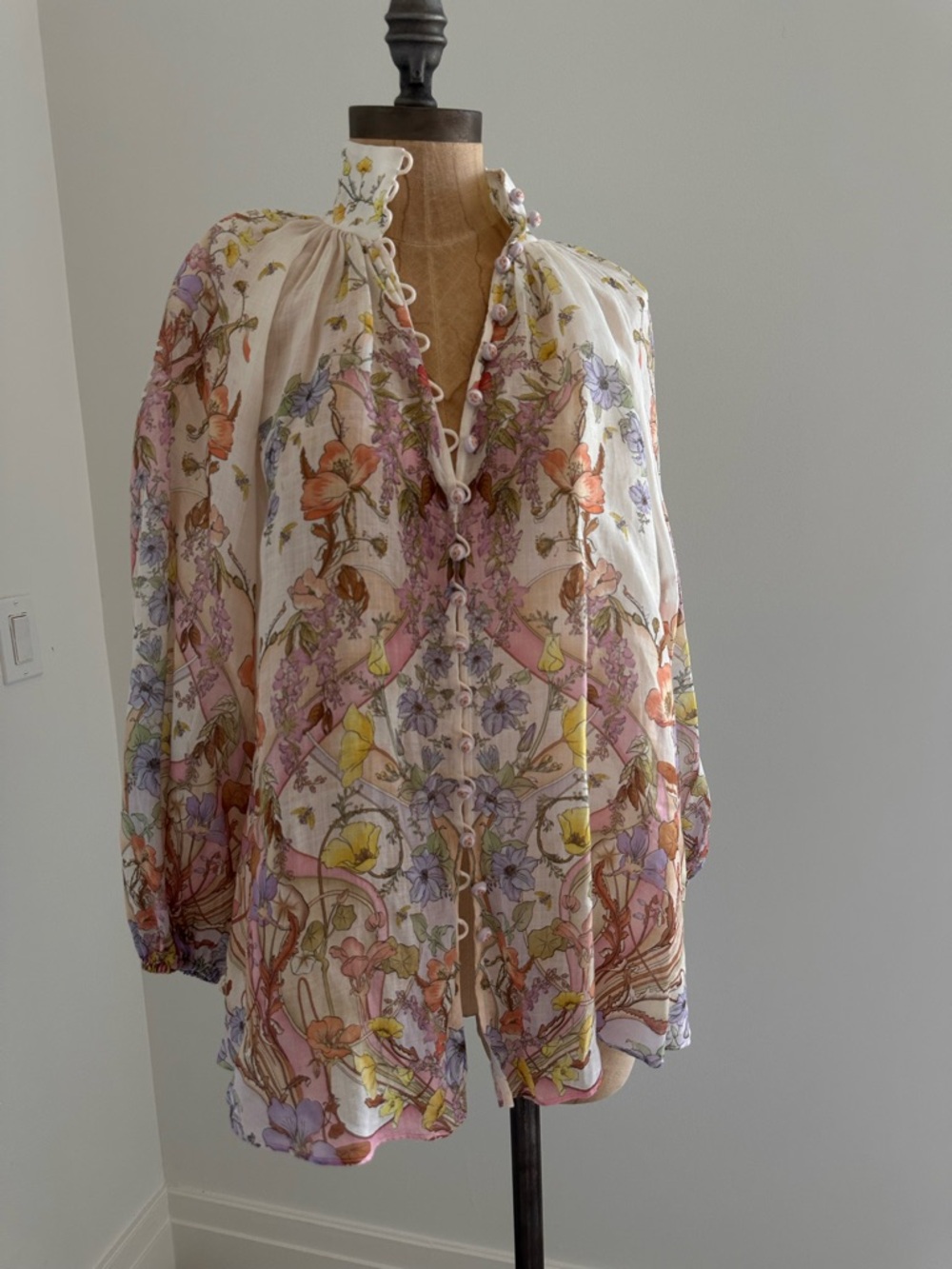 Zimmermann Floral Sheer Puff-Sleeve Blouse in Cream, Pink, Yellow, Lavender